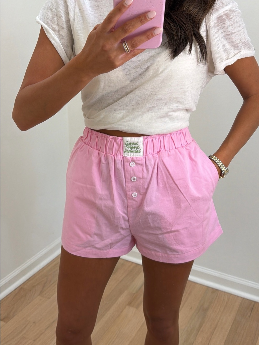 Le Lis Light Pink Button-Front Cotton Shorts